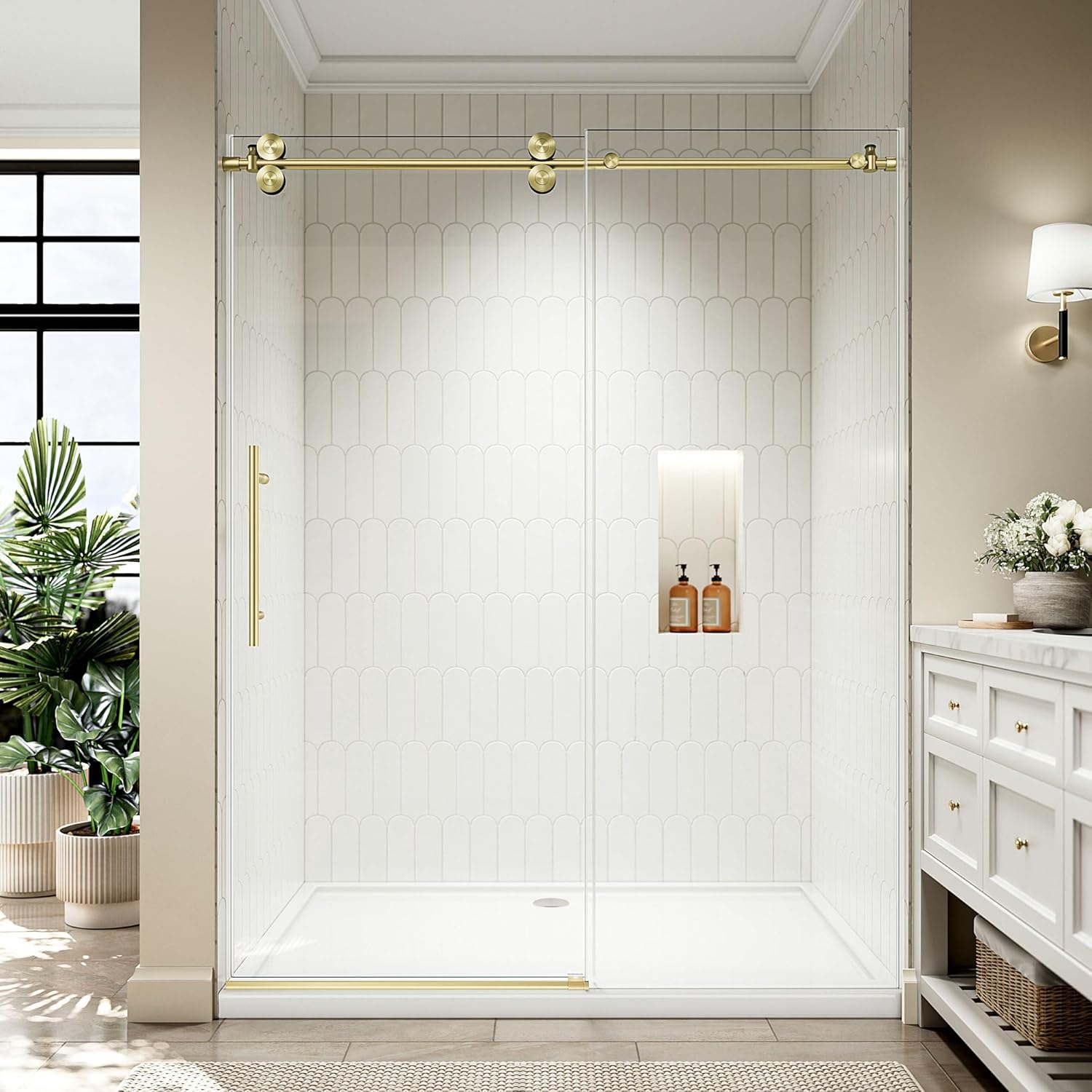 Custom bathroom with gold hardware sliding glass shower